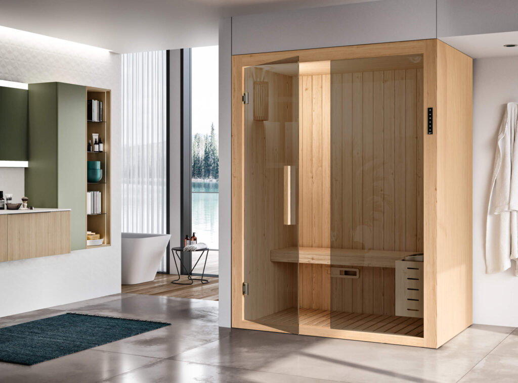 Sauna Kyra in Abete Nodato con installazione ad angolo.
